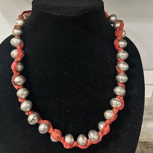 Vintage Native American Silver Necklace with Ribbon Accent